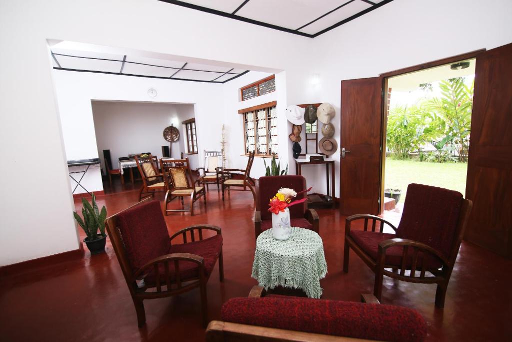 Guests sharing a meal in the dining area